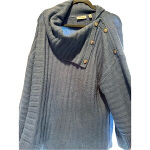 Rafaella Faux Leather Trim Cowl Neck Sweater with Buttons